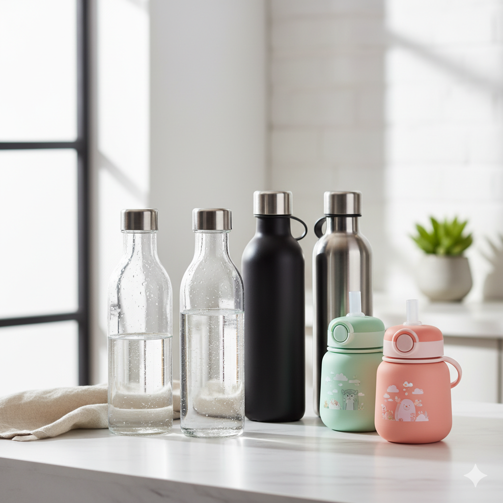 Reusable water bottles collection including glass, stainless steel, and kids bottles