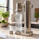 Minairal glass bottle next to the Soda Maker on a kitchen counter