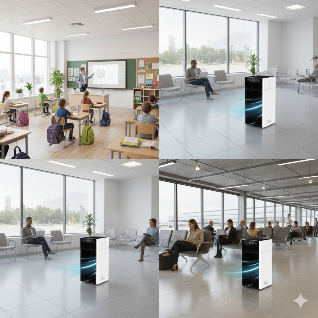 AP-100M air purifier operating in a large indoor commercial environment