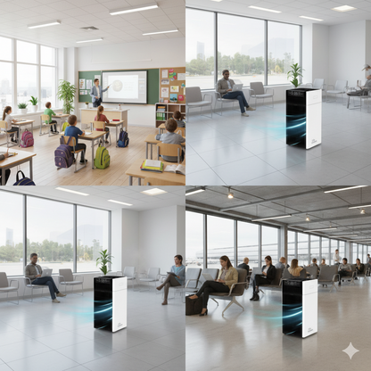 AP-100M air purifier operating in a large indoor commercial environment