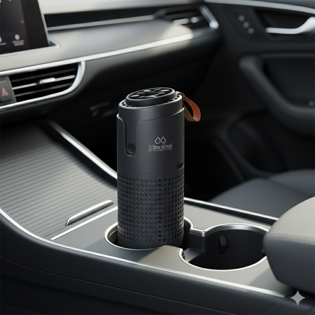AP-Car compact air purifier designed for vehicle interiors, front view