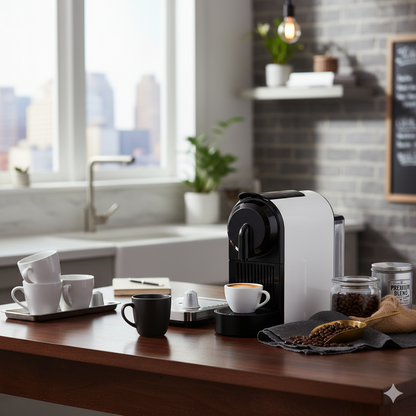 Espresso machine preparing coffee in office or professional environment