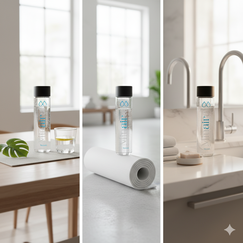 Glass water bottle placed on table for hotel, restaurant, or fitness use