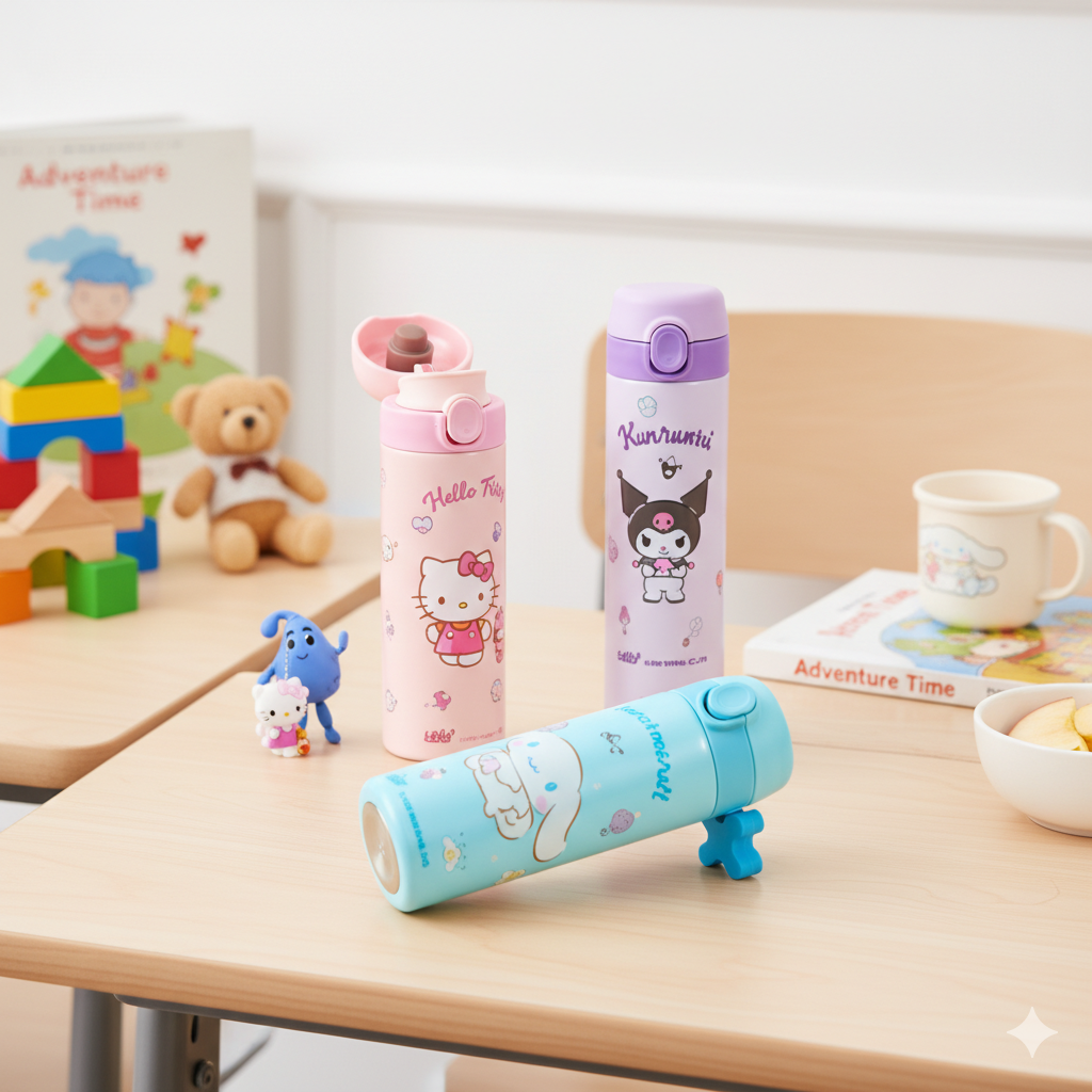 Child using ergonomic kids water bottle for daily hydration