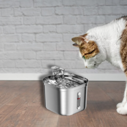 Pet water fountain placed in home environment, compact and quiet design