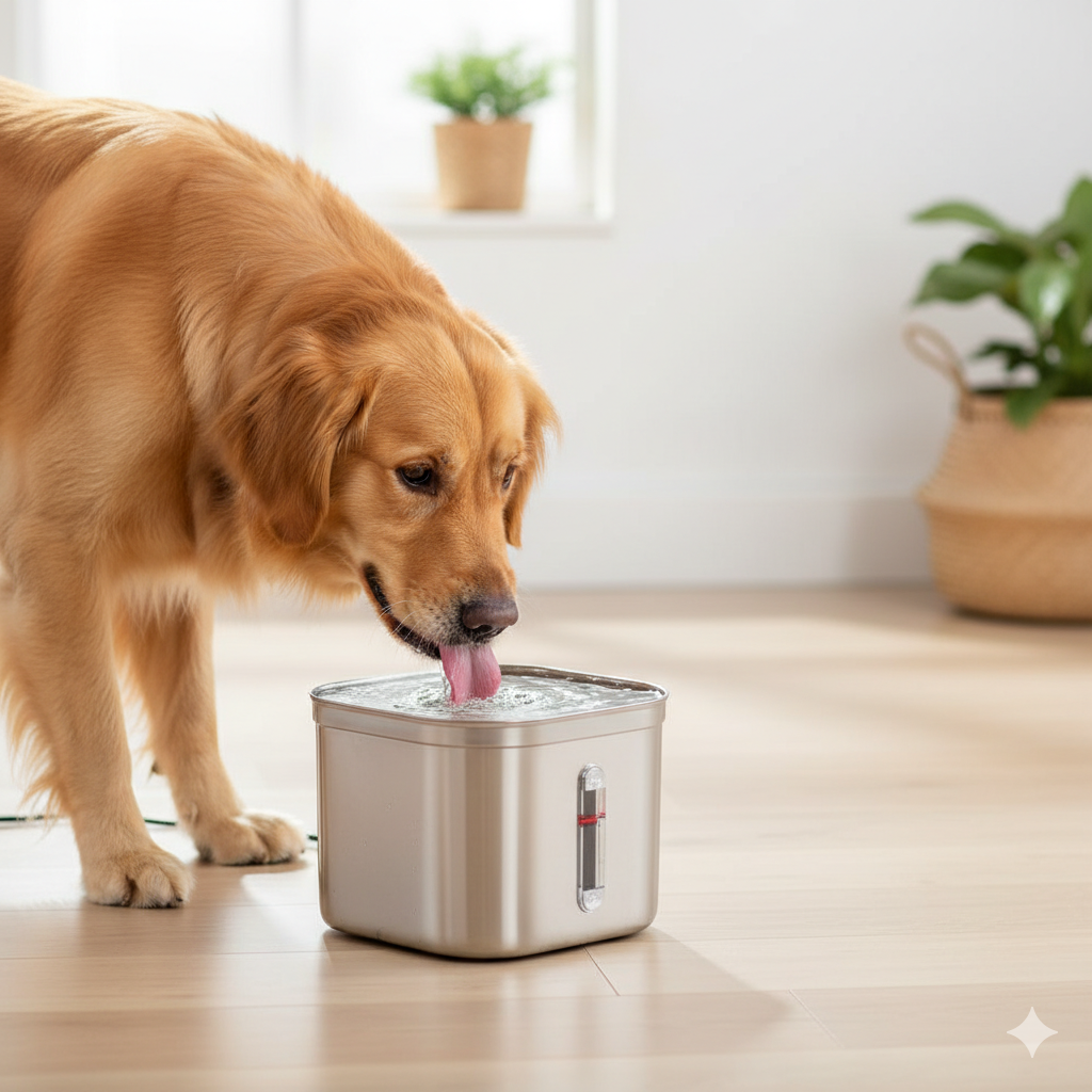 Pet drinking from water fountain with continuous flowing water