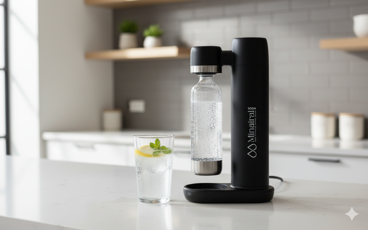 Soda maker with modern design for turning filtered water into sparkling water