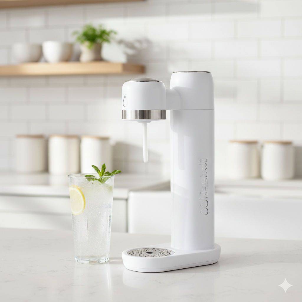 Soda maker creating sparkling water in seconds in a home kitchen