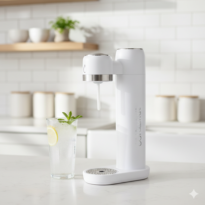 Soda maker creating sparkling water in seconds in a home kitchen