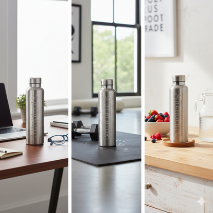 Stainless steel water bottle used in gym or office environment