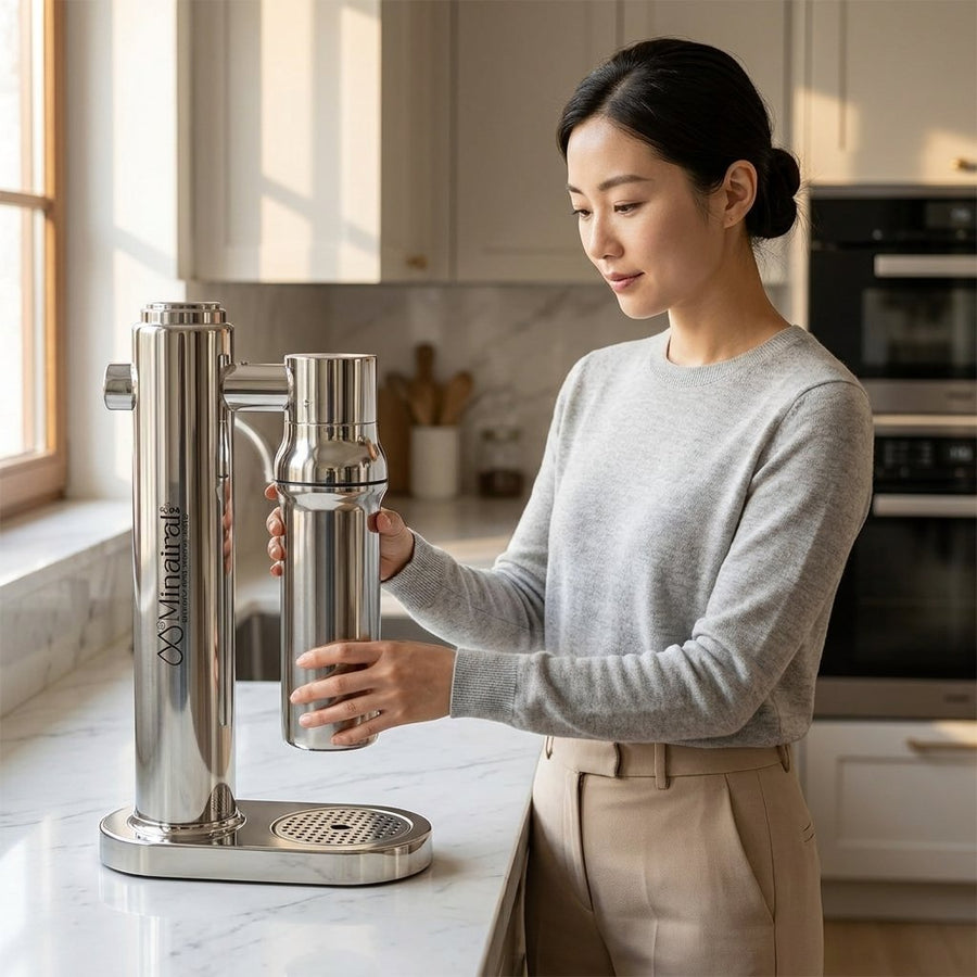 Minairal Inox & Glass soda maker in a kitchen